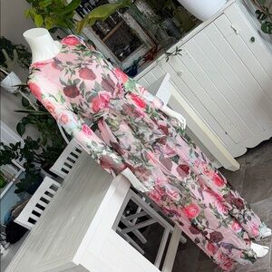 Chengxin Sheer Pink Floral long sleeve, matching belt Maxi Dress M NWOT